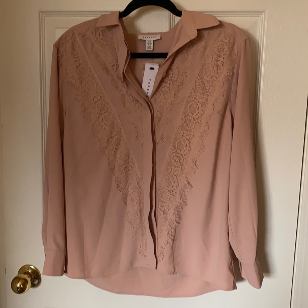 Topshop pink/blush button down with lace detail